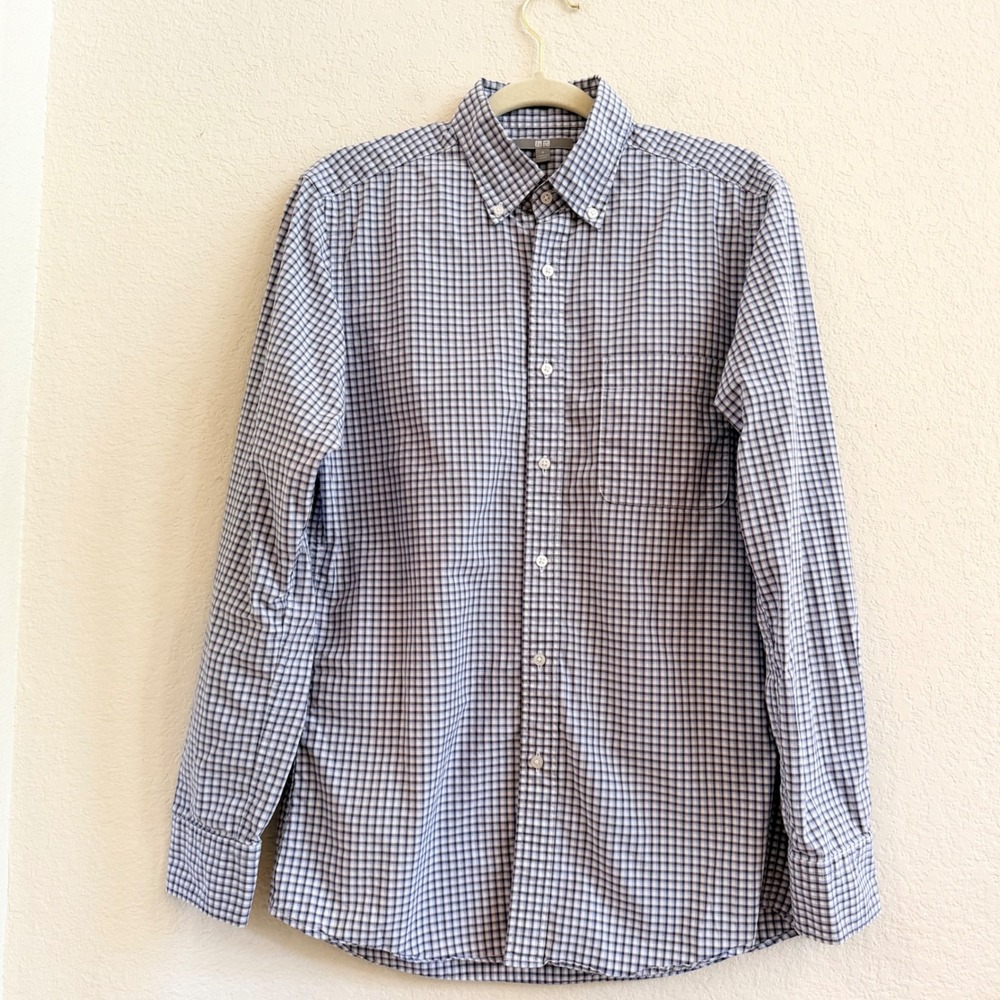 Uniqlo Mens Gingham Check Button Down Shirt Blue White Cotton S